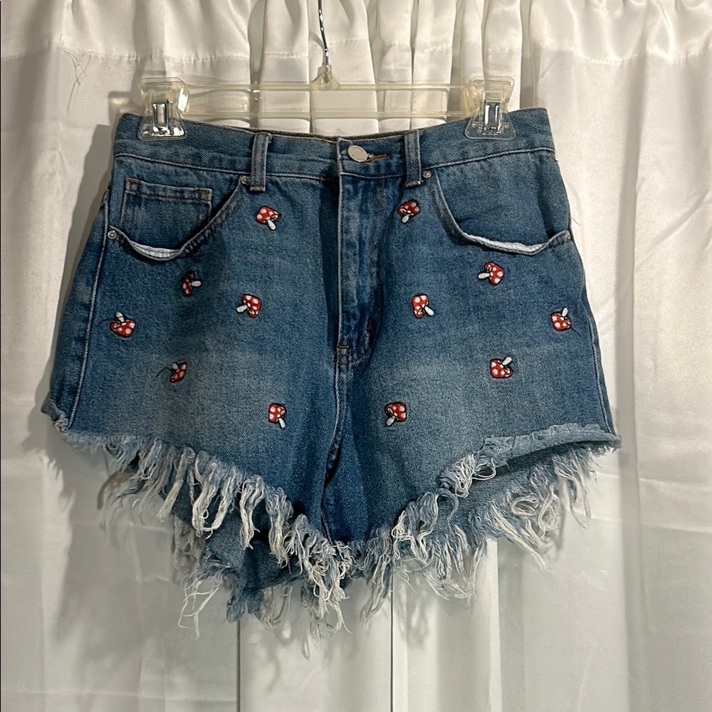 Blue Denim Shorts with Red Embroidery